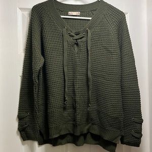 Army green lace-up front sweater